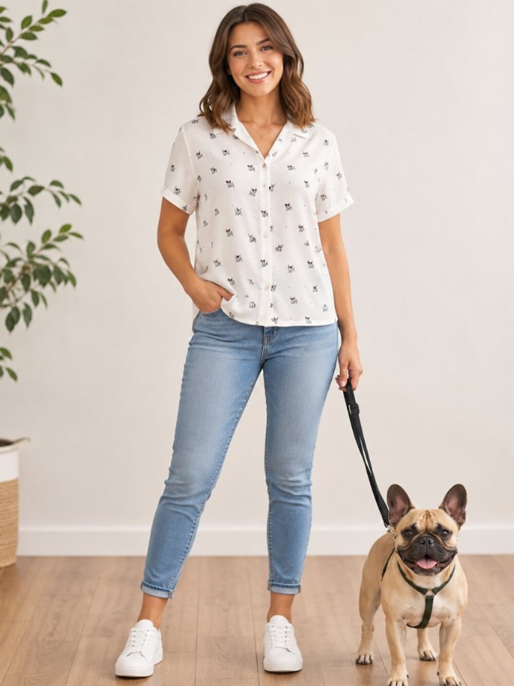 French Bulldog Print Rayon Button-Up Shirt M • Dog Lover Cottagecore Whimsical